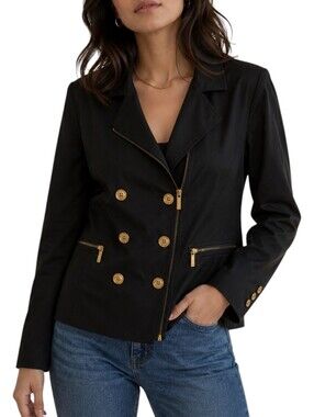 Michael Michael Kors Black Gold Zip Buttons Women's Double Breasted Jacket